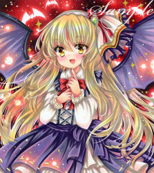Rule 34 | 1girl, :d, bat (animal), bat wings, blonde hair, blush, bow, bowtie, brooch, cowboy shot, cross-laced clothes, cross-laced top, embellished costume, finger to mouth, frills, hairband, index finger raised, jewelry, kurumi (touhou), long hair, long sleeves, looking at viewer, marker (medium), open mouth, own hands together, purple skirt, red bow, red bowtie, rui (sugar3), sample watermark, shirt, skirt, smile, solo, spread wings, touhou, touhou (pc-98), traditional media, very long hair, watermark, white shirt, wings, yellow eyes