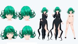 Rule 34 | 1girl, 3d, artist request, bare legs, black dress, bra, breasts, character sheet, curly hair, dress, full body, green eyes, green hair, highres, lingerie, multiple views, one-punch man, panties, shiny skin, side-tie panties, simple background, small breasts, tatsumaki, thong, underwear