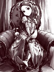 Rule 34 | 1girl, armchair, bad drawr id, bad id, boots, breasts, buttons, chair, closed mouth, collared dress, curtains, dress, frills, greyscale, head tilt, high heel boots, high heels, idolmaster, idolmaster (classic), juliet sleeves, long hair, long sleeves, looking at viewer, minase iori, monochrome, oekaki, painterly, puffy sleeves, ros08154, sitting, small breasts, smile, solo, stuffed animal, stuffed rabbit, stuffed toy