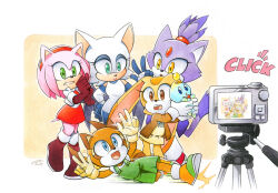 Rule 34 | 1other, 5girls, alternate costume, amy rose, blaze the cat, boots, brown dress, brown jacket, camera, chao (sonic), cheese (sonic), cream the rabbit, double v, dress, facing viewer, finik, forehead jewel, furry, furry female, gem, gloves, green overalls, highres, jacket, marine the raccoon, multiple girls, open clothes, open jacket, open mouth, overall shorts, overalls, red dress, red gemstone, red gloves, rouge the bat, shoes, sonic (series), sound effects, teeth, upper teeth only, v, white gloves