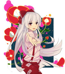 Rule 34 | 1girl, bad id, bad pixiv id, beckoning, bow, dress shirt, female focus, floral background, flower, foreshortening, fujiwara no mokou, hair bow, long hair, open mouth, outstretched arm, outstretched hand, pants, red eyes, shirt, smile, solo, suspenders, tadataka, touhou, very long hair, white hair
