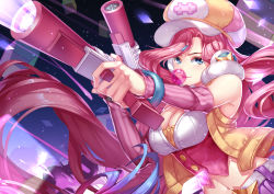 Rule 34 | 1girl, arcade miss fortune, blue eyes, breasts, blowing bubbles, chewing gum, cleavage, dual wielding, gun, hat, highres, holding, holding gun, holding weapon, kan (rainconan), large breasts, league of legends, long hair, looking at viewer, miss fortune (league of legends), navel, parted lips, pink hair, solo, weapon