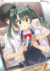 Rule 34 | 10s, 1boy, 1girl, alternate costume, apron, artist name, belt, black hair, blush, bow, bowtie, carrot, commentary request, contemporary, cooking, eyebrows, food, green eyes, green hair, hair between eyes, hair ornament, hair ribbon, hand grab, hidden eyes, hino (2nd life), holding, holding food, holding knife, kantai collection, knife, long hair, open mouth, plate, plate stack, red bow, red bowtie, ribbon, school uniform, shaded face, shirt, short hair, sidelocks, solo focus, sweat, sweatdrop, twintails, twitter username, vegetable, white ribbon, zuikaku (kancolle)