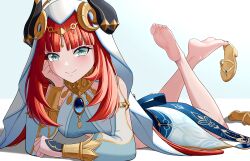 Rule 34 | 1girl, barefoot, blue eyes, feet, genshin impact, highres, light blush, long hair, looking at viewer, lying, nilou (genshin impact), on stomach, red hair, sandals, unworn sandals, shoe dangle, shoes, unworn shoes, simple background, smile, soles, the pose, toes