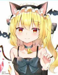 Rule 34 | 1girl, alternate costume, alternate headwear, animal ear fluff, animal ears, arm up, bare shoulders, bat (animal), black choker, black dress, blonde hair, blue bow, blush, bow, cat ears, choker, collarbone, commentary request, dress, english text, fang, fang out, fingernails, flandre scarlet, hair between eyes, hair ribbon, hairband, halloween, happy halloween, highres, iyo (ya na kanji), lolita hairband, looking at viewer, neck bell, partial commentary, paw pose, red eyes, ribbon, short hair, short hair with long locks, side ponytail, simple background, sleeveless, sleeveless dress, smile, solo, symbol-only commentary, touhou, upper body, white background, wings, wrist cuffs