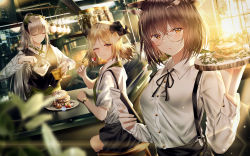 Rule 34 | 3girls, ;t, absurdres, apron, arknights, backlighting, black ribbon, black skirt, black vest, blonde hair, blurry, blurry foreground, blush, brown eyes, brown hair, bug, butterfly, closed mouth, collared shirt, commentary, cup, day, depth of field, doughnut, dress shirt, eating, closed eyes, feather hair, food, fruit, green apron, high ponytail, highres, holding, holding cup, ifrit (arknights), indoors, bug, junpaku karen, latte art, long hair, looking at viewer, mug, multiple girls, neck ribbon, on stool, one eye closed, orange eyes, plate, ponytail, ribbon, saria (arknights), shirt, silence (arknights), silver hair, sitting, skirt, stool, strawberry, sunlight, suspender skirt, suspenders, symbol-only commentary, twintails, very long hair, vest, white shirt