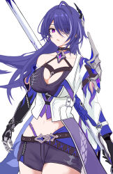 Rule 34 | 1girl, acheron (honkai: star rail), ahoge, armor, bandaged arm, bandages, belt, black belt, black choker, black gloves, black shorts, breasts, chain, chain around arm, choker, cleavage, coat, coattails, cowboy shot, criss-cross halter, detached sleeves, earrings, eyes visible through hair, gloves, hair ornament, hair over one eye, halterneck, highres, holding, holding sword, holding weapon, honkai: star rail, honkai (series), jewelry, koenza botoke, large breasts, looking at viewer, midriff, multicolored hair, navel, open mouth, purple eyes, purple hair, scabbard, sheath, sheathed, shorts, shoulder armor, simple background, single bare shoulder, single detached sleeve, solo, streaked hair, sword, thighs, weapon, white background, white coat