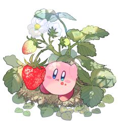 Rule 34 | :t, blue eyes, blush, blush stickers, closed mouth, dew drop, eating, flower, food, food on face, fruit, kirby, kirby (series), leaf, looking at viewer, mutekyan, nintendo, no humans, plant, simple background, solo, strawberry, strawberry blossoms, strawberry plant, water drop, white background, white flower, white strawberry