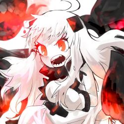 Rule 34 | 10s, 1girl, a6m zero, abyssal ship, aircraft, airplane, angry, bad id, bad twitter id, colored skin, dress, horns, itomugi-kun, kantai collection, long hair, mittens, monster, northern ocean princess, open mouth, pale skin, red eyes, solo, teeth, white dress, white hair, white skin