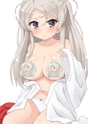 Rule 34 | 1girl, blush, breasts, censored, censored nipples, character censor, cleavage, closed mouth, unworn clothes, collarbone, conte di cavour (kancolle), hakama, hakama removed, japanese clothes, junes, kantai collection, large breasts, long hair, long sleeves, miko, navel, novelty censor, official alternate costume, panties, pout, purple eyes, red hakama, silver hair, simple background, socks, solo, underwear, white background, white panties, white socks, wide sleeves