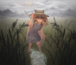 Rule 34 | 1girl, :o, absurdres, artist request, barefoot, blonde hair, blue eyes, cloud, day, detached sleeves, hair ribbon, hat, highres, holding, holding clothes, holding hat, long sleeves, medium hair, moriya suwako, mountain, mountainous horizon, outdoors, overcast, purple skirt, pyonta, red ribbon, ribbon, skirt, sky, solo, standing, stick, tagme, teeth, touhou, wading, water, wetland, wheat field, wide sleeves