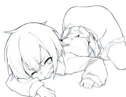 Rule 34 | 1girl, ass, bottomless, clenched teeth, engawa oishii, female focus, monochrome, one eye closed, original, panties around leg, short hair, sketch, sleeves past wrists, solo, teeth, tomboy, top-down bottom-up