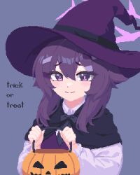 Rule 34 | 1girl, basket, black cape, blue archive, blush, bsm (nerdmin), cape, closed mouth, commentary, hair between eyes, halloween, halloween costume, halo, haruka (blue archive), hat, jack-o&#039;-lantern, long hair, long sleeves, pixel art, purple background, purple eyes, purple hair, purple halo, purple hat, simple background, smile, solo, trick or treat, upper body, witch hat