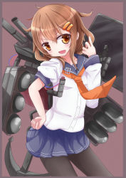 Rule 34 | 10s, 1girl, :d, black pantyhose, blue skirt, brown eyes, brown hair, contrapposto, fang, hair ornament, hairclip, hand on own hip, haru ion, ikazuchi (kancolle), kantai collection, long sleeves, looking at viewer, machinery, neckerchief, open mouth, pantyhose, pleated skirt, sailor collar, school uniform, serafuku, skirt, sleeves pushed up, smile, solo, standing