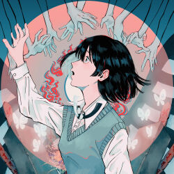 Rule 34 | 1girl, absurdres, album cover, aqua sweater, arm up, black hair, blouse, blue eyes, blue hair, bug, butterfly, circle, collared shirt, commentary, cover, from side, highres, insect, long sleeves, multicolored hair, neck tassel, open mouth, original, profile, reaching, shirt, short hair, solo focus, sotoba, sweater, sweater vest, tomei ningen, upper body, white butterfly, white shirt