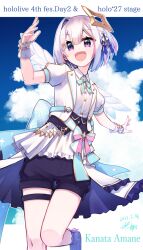 Rule 34 | 1girl, :d, amane kanata, angel wings, asymmetrical hair, blue hair, blue skirt, blush, bow, bowtie, character name, coat, colored inner hair, corset, dated, feathered wings, flat chest, grey hair, hair over one eye, halo, hikawa shou, hololive, hololive idol uniform, hololive idol uniform (bright), jacket, knee up, layered skirt, mini wings, miniskirt, multicolored hair, official alternate costume, open mouth, pink hair, puffy short sleeves, puffy sleeves, purple eyes, sash, shirt, short hair, short sleeves, single hair intake, skirt, smile, solo, star halo, streaked hair, thigh strap, two-sided fabric, two-sided skirt, underbust, virtual youtuber, white coat, white jacket, white shirt, white skirt, white wings, wings