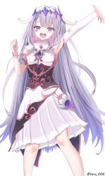 Rule 34 | 1girl, arm up, black corset, blush, bridal gauntlets, chest jewel, collar, colored inner hair, commentary, corset, detached collar, dress, english commentary, grey hair, highres, hololive, hololive english, jewel under eye, koseki bijou, koseki bijou (1st costume), looking at viewer, multicolored hair, open mouth, pink hair, purple eyes, single bridal gauntlet, smile, solo, teeth, upper teeth only, varo 006, virtual youtuber, white background, white bridal gauntlets, white collar, white dress