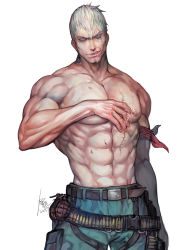 Rule 34 | 1boy, abs, armband, bad id, bad pixiv id, bandolier, blue eyes, bryan fury, cargo pants, cum, explosive, grenade, highres, licking lips, male focus, manly, muscular, pants, realistic, scar, short hair, solo, suggestive fluid, tekken, tongue, tongue out, topless male, white hair, yi lee
