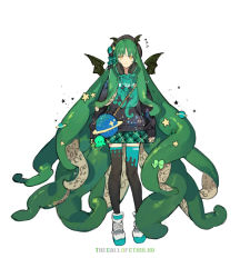 Rule 34 | 1girl, absurdly long hair, black thighhighs, boots, cthulhu, cthulhu-tan, cthulhu mythos, english text, green hair, hair ornament, hat, head wings, high tops, hood, hoodie, long hair, shoes, skirt, smile, sneakers, solo, starshadowmagician, tagme, tentacles, thighhighs, very long hair, wings