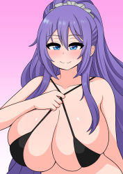 Rule 34 | 1girl, absurdres, blue eyes, blush, breasts, collarbone, gradient background, highres, huge breasts, light smile, long hair, mankitsu happening, pink background, purple hair, slingshot swimsuit, solo, strap pull, suzukawa rei, swimsuit, the only shoe, very long hair