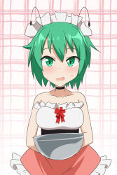 Rule 34 | 1girl, alternate costume, anime coloring, antennae, black choker, blush, bowl, breasts, cato (monocatienus), choker, commentary request, cowboy shot, frilled skirt, frills, green eyes, green hair, hair between eyes, highres, holding, holding bowl, looking at viewer, maid headdress, medium breasts, open mouth, pink skirt, plaid, plaid background, short hair, skirt, solo, strapless, sweat, touhou, tube top, underbust, white background, white tube top, wriggle nightbug