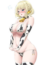 Rule 34 | 1girl, animal print, bell, bikini, black nails, blonde hair, blue eyes, blush, braid, breasts, cleavage, colorado (kancolle), cow print, cow print bikini, cowbell, cowboy shot, ear tag, earrings, elbow gloves, fingers together, french braid, gloves, highres, jewelry, kantai collection, large breasts, looking away, nail polish, navel, open mouth, print bikini, short hair, side-tie bikini bottom, skindentation, solo, swimsuit, takomeshi, thighhighs, thighs, white background, white gloves, white nails, white thighhighs