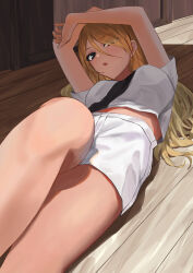 1girl :o arms_up bare_legs blonde_hair blush breasts brown_hair commentary feet_out_of_frame hair_between_eyes highres idolmaster idolmaster_shiny_colors izumi_mei long_hair looking_at_viewer lying medium_breasts midriff on_back shirt short_sleeves solo ushimo_(dztu8434) very_long_hair white_shirt wooden_floor