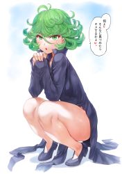 Rule 34 | 1girl, :o, absurdres, black dress, black footwear, blue background, curly hair, dress, green eyes, green hair, hair between eyes, highres, japanese text, looking at viewer, mogudan, one-punch man, pelvic curtain, shoes, short hair, simple background, solo, squatting, tatsumaki, thick thighs, thighs, translated, white background
