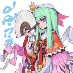Rule 34 | 1girl, blue eyes, blunt bangs, bow, capelet, closed mouth, clothing request, dress, fingerless gloves, frown, gloves, green hair, hand fan, holding, holding fan, hood, hood up, long hair, long sleeves, orange capelet, original, phantom ix row, red bow, simple background, solo, white background, white gloves