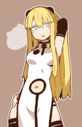 Rule 34 | 1girl, arm behind head, black gloves, black thighhighs, blonde hair, blue eyes, blush, breasts, brown background, china dress, chinese clothes, clothing cutout, dress, elbow gloves, gloves, hen zemi, highres, long hair, looking at viewer, makiko gregory, navel, navel cutout, nns (sobchan), open mouth, simple background, solo, thighhighs