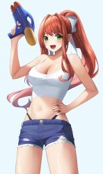 Rule 34 | 1girl, :d, absurdres, bare arms, bare shoulders, blue background, blue shorts, bow, breasts, brown hair, camisole, cleavage, collarbone, cowboy shot, cutoffs, doki doki literature club, green eyes, hair bow, hand on own hip, highres, holding, holding water gun, large breasts, long hair, looking at viewer, monika (doki doki literature club), navel, open mouth, ponytail, short shorts, shorts, sidelocks, simple background, smile, solo, sora (men0105), stomach, thong, water gun, white bow