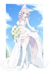 Rule 34 | 1girl, animal ear fluff, animal ears, bare shoulders, blue eyes, blue flower, blue sky, bouquet, breasts, cleavage, closed mouth, cloud, commentary request, day, detached sleeves, dress, flower, full body, garter straps, gloves, grey hair, hair between eyes, hair flower, hair ornament, heterochromia, high heels, highres, long sleeves, looking at viewer, medium breasts, multicolored hair, nibiiro shizuka, orange hair, original, red eyes, rose, see-through, see-through cleavage, shoes, skirt hold, sky, solo, standing, streaked hair, tail, thighhighs, wedding dress, white dress, white flower, white footwear, white gloves, white rose, white sleeves, white thighhighs