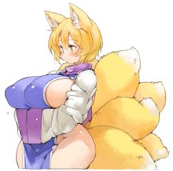 Rule 34 | 1girl, animal ears, blonde hair, breasts, covered erect nipples, fox ears, fox tail, hair between eyes, hands in opposite sleeves, huge breasts, multiple tails, sachito, short hair, simple background, solo, tabard, tail, touhou, white background, wide hips, yakumo ran, yellow eyes