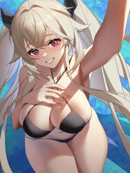 Rule 34 | 1girl, absurdres, anchorage (azur lane), armpits, azur lane, bikini, black bikini, black ribbon, breasts, cowboy shot, from above, hair ribbon, hand on own chest, highres, jiangshuai mengenze, large breasts, light brown hair, long hair, navel, purple eyes, ribbon, skindentation, smile, solo, swimsuit, twintails, very long hair