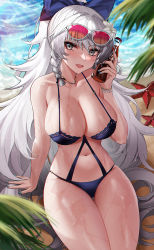 Rule 34 | 1girl, :d, absurdres, azur lane, bare arms, bare shoulders, beach, black one-piece swimsuit, blue bow, blue nails, bottle, bottle to cheek, bow, bracelet, braid, breasts, casual one-piece swimsuit, cleavage, collarbone, day, eternity (shadeh), eyewear on head, glass bottle, green eyes, hair bow, high ponytail, highres, holding, holding bottle, jewelry, large breasts, light rays, long hair, nail polish, navel, necklace, o-ring, o-ring swimsuit, official alternate costume, on ground, one-piece swimsuit, open mouth, outdoors, pink-tinted eyewear, side braid, silver hair, sitting, smile, soda bottle, solo, starfish, stomach, sunbeam, sunglasses, sunlight, swimsuit, thigh gap, tinted eyewear, very long hair, vittorio veneto (azur lane), vittorio veneto (the flower of la spezia) (azur lane), water, white-framed eyewear