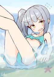 Rule 34 | 1girl, absurdres, artist name, bikini, bikini skirt, blunt bangs, brown eyes, commentary request, flying sweatdrops, green bikini, grey hair, hair ribbon, highres, ichi (ichi.colors), kantai collection, kasumi (kancolle), long hair, looking at viewer, partially submerged, ribbon, side ponytail, solo, swimsuit, white ribbon