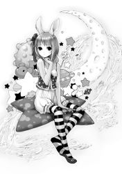 Rule 34 | animal ears, bloomers, greyscale, kishida mel, monochrome, original, panties, rabbit ears, shoes, single shoe, solo, striped clothes, striped thighhighs, thighhighs, underwear