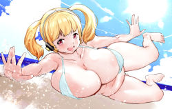 Rule 34 | 1girl, barefoot, bikini, blonde hair, blush, breasts, cleavage, headphones, highres, huge breasts, igarashi mangou, looking at viewer, lying, nitroplus, on side, open mouth, plump, red eyes, smile, solo, super pochaco, swimsuit, thick thighs, thighs, twintails