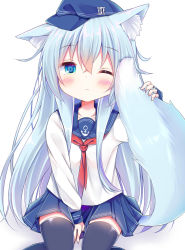 Rule 34 | 1girl, ;(, animal ear fluff, animal ears, between legs, black thighhighs, blue eyes, blue hair, blue hat, blue sailor collar, blue skirt, blush, closed mouth, collarbone, commentary request, esureki, hair between eyes, hand between legs, hand up, hat, head tilt, hibiki (kancolle), highres, kantai collection, long hair, long sleeves, one eye closed, pleated skirt, red neckwear, sailor collar, school uniform, serafuku, shadow, sitting, skirt, sleeves past wrists, solo, tail, tail raised, thighhighs, very long hair, white background