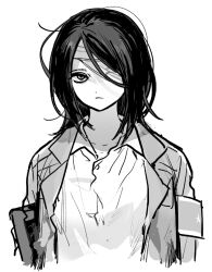 Rule 34 | 1girl, armband, bandage over one eye, bandaged head, bandages, closed mouth, collared shirt, commentary request, cropped torso, crutch, eren yeager, frown, genderswap, genderswap (mtf), greyscale, jacket, jihecchi, korean commentary, lapels, long hair, looking at viewer, monochrome, open clothes, open jacket, sanpaku, shingeki no kyojin, shirt, simple background, solo, upper body