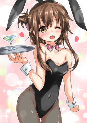 Rule 34 | 1girl, animal ears, black leotard, black pantyhose, bow, bowtie, brown eyes, brown hair, commentary request, cowboy shot, cup, destroyer, detached collar, drinking glass, fake animal ears, folded ponytail, highres, inazuma (kancolle), kantai collection, leotard, long hair, military, military vehicle, nukoyarou, one eye closed, open mouth, pantyhose, pink bow, pink bowtie, playboy bunny, rabbit ears, rabbit girl, rabbit tail, ship, smile, solo, strapless, strapless leotard, tail, tray, warship, watercraft, wine glass, wrist cuffs