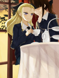 Rule 34 | 2girls, assam (girls und panzer), black necktie, black ribbon, blonde hair, blue eyes, blue skirt, blue sweater, blunt bangs, brown hair, closed mouth, commentary request, cup, dress shirt, girls und panzer, hair pulled back, hair ribbon, hand to own mouth, highres, holding, holding cup, indoors, long hair, long sleeves, miniskirt, multiple girls, necktie, nmz zmn, partial commentary, pleated skirt, ponytail, ribbon, school uniform, shirt, sitting, skirt, smile, st. gloriana&#039;s school uniform, sweater, teacup, teapot, tiered tray, v-neck, whispering, white shirt, window, wing collar