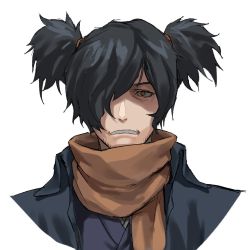 Rule 34 | 1boy, alternate hairstyle, black hair, brown scarf, commentary request, fate/grand order, fate (series), hair over one eye, haori, japanese clothes, looking at viewer, male focus, okada izou (fate), one eye covered, open mouth, portrait, sanpaku, scarf, simple background, solo, twintails, white background, yellow eyes, zonotaida