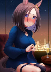 Rule 34 | 1girl, air groove (umamusume), alcohol, animal ears, blue dress, blue eyes, blush, breasts, brown hair, champagne, champagne flute, closed mouth, cup, dress, drinking glass, eyes visible through hair, forehead, hair between eyes, highres, horse ears, horse girl, horse tail, indoors, long sleeves, masshirokachi, medium breasts, nail polish, night, nose blush, parted bangs, puffy long sleeves, puffy sleeves, sitting, solo, sweat, tail, umamusume, wavy mouth, yellow nails