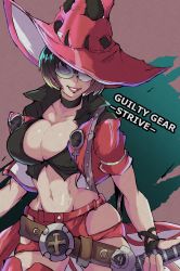 Rule 34 | 1girl, belt, belt buckle, black choker, black shirt, boots, breasts, brown belt, buckle, choker, cleavage, collared shirt, copyright name, cropped jacket, cropped shirt, electric guitar, fingerless gloves, gloves, green-tinted eyewear, green-tinted glasses, grin, guilty gear, guilty gear strive, guitar, hat, hat over one eye, highres, hip vent, i-no, instrument, jacket, large breasts, lips, looking at viewer, loose belt, mole, mole above mouth, narrow waist, navel, one eye covered, open clothes, open jacket, red footwear, red headwear, red jacket, red shorts, rimless eyewear, shirt, short hair, short shorts, shorts, smile, sunglasses, thigh boots, thighhighs, tinted eyewear, tomozawa mamoru, witch hat