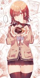 Rule 34 | ..., 1girl, bag, black sailor collar, black skirt, blush, braid, brown cardigan, brown hair, brown thighhighs, candy, cardigan, cellphone, checkerboard cookie, chocolate, chocolate bar, closed mouth, commentary request, cookie, egg, food, gift, hair ornament, hair over one eye, hairclip, highres, holding, holding gift, long sleeves, looking at viewer, mixing bowl, muffin, notice lines, original, phone, plastic bag, pleated skirt, red eyes, sailor collar, school uniform, serafuku, signature, skindentation, skirt, sofra, spoken ellipsis, spoken food, squiggle, sweat, swept bangs, thighhighs, thought bubble, twitter username, v-shaped eyebrows, valentine