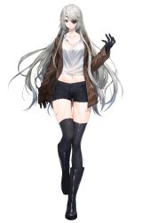 Rule 34 | 1girl, bandages, boots, breasts, cleavage, collarbone, commentary request, cropped shirt, eyepatch, eyes visible through hair, full body, gloves, grey eyes, grey hair, highres, jacket, long hair, long sleeves, looking at viewer, lydia macarthur, medium breasts, midriff, navel, one-eyed, original, scar, short shorts, shorts, simple background, solo, standing, stomach, thighhighs, very long hair, waka (shark waka), white background