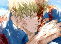 Rule 34 | 1boy, blonde hair, blood, blood on clothes, blood on face, blue shirt, collared shirt, hair down, highres, jujutsu kaisen, lips, looking at viewer, male focus, nanami kento, one eye closed, parted lips, portrait, shirt, short hair, solo, yoon (dmsco1803)