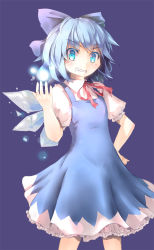 Rule 34 | 1girl, bad id, bad pixiv id, blue background, blue dress, blue eyes, blue hair, cirno, clenched teeth, culter, dress, grin, hair ornament, hair ribbon, hand on own hip, hip focus, ice, ice wings, matching hair/eyes, ribbon, short hair, smile, solo, teeth, touhou, wings