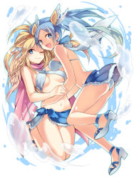 Rule 34 | 2girls, :d, ;), adapted costume, ass, bikini, bikini top only, blonde hair, blue eyes, blue hair, breast press, breasts, criss-cross halter, feathered wings, fur trim, hair ornament, hair up, halterneck, hand on another&#039;s arm, hand on another&#039;s arms, hands on another&#039;s hips, head wings, high heels, highres, idunn &amp; idunna, kaki s, knees together feet apart, long hair, midriff, multiple girls, multiple wings, navel, one eye closed, open mouth, outline, pink scarf, puzzle &amp; dragons, scarf, side-tie skirt, simple background, smile, swimsuit, symmetrical docking, twintails, underboob, water, white background, white bikini, white wings, wings